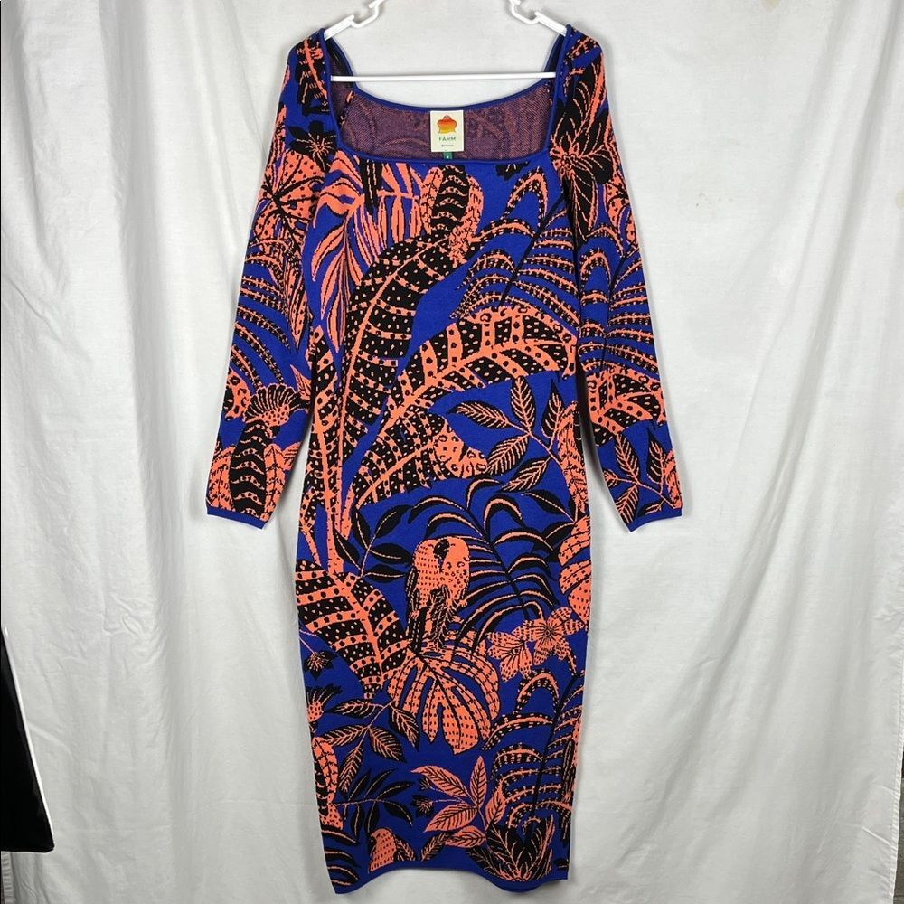 NWT Farm Rio Blue Tropical Gold Blue Long Sleeve Midi Dress Tropical Print